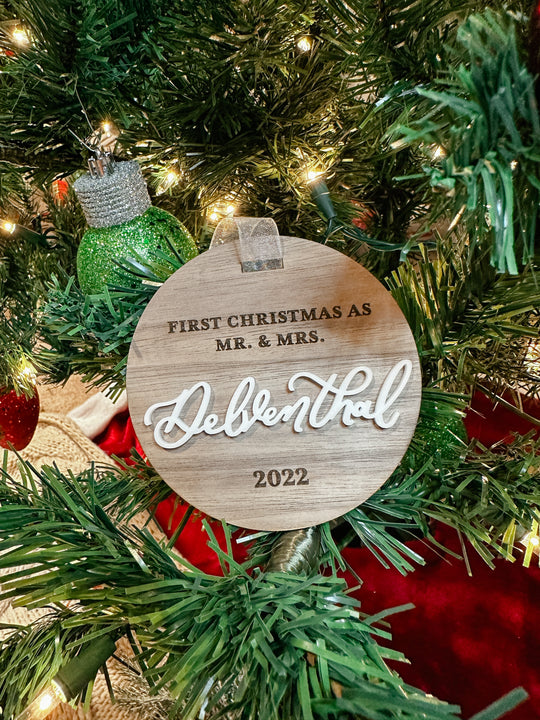 First Christmas As Mr & Mrs Walnut Ornament