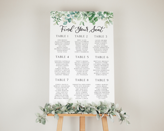 Greenery Seating Chart, Foam Seating Chart, Modern Bridal Shower with greenery