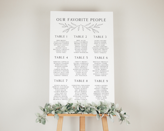 Modern Wedding Foam Seating Chart, Greenery Seating Arrangements, Olive Branch Wedding Seating, Black and White Wedding Seating Chart