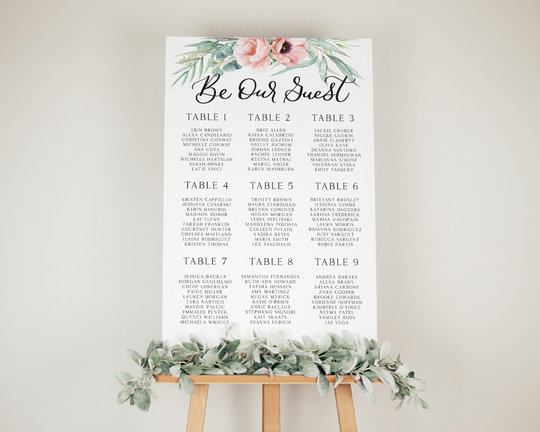 Pink Floral Seating Chart, Foam Printed Seating Chart, Pink Florals Wedding/Bridal Shower Seating Chart
