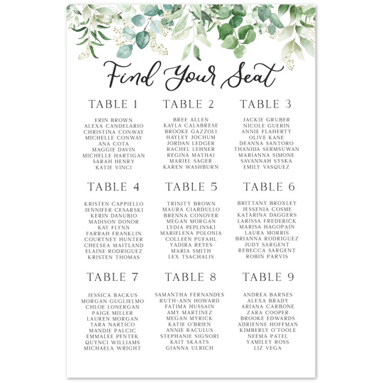 Greenery Seating Chart, Foam Seating Chart, Modern Bridal Shower with greenery