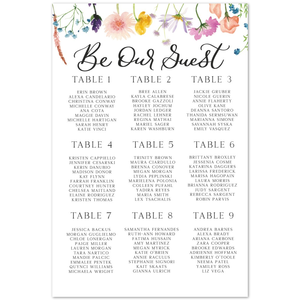 Wildflower Seating Chart, Bridal Shower Foam Wildflower Seating Chart