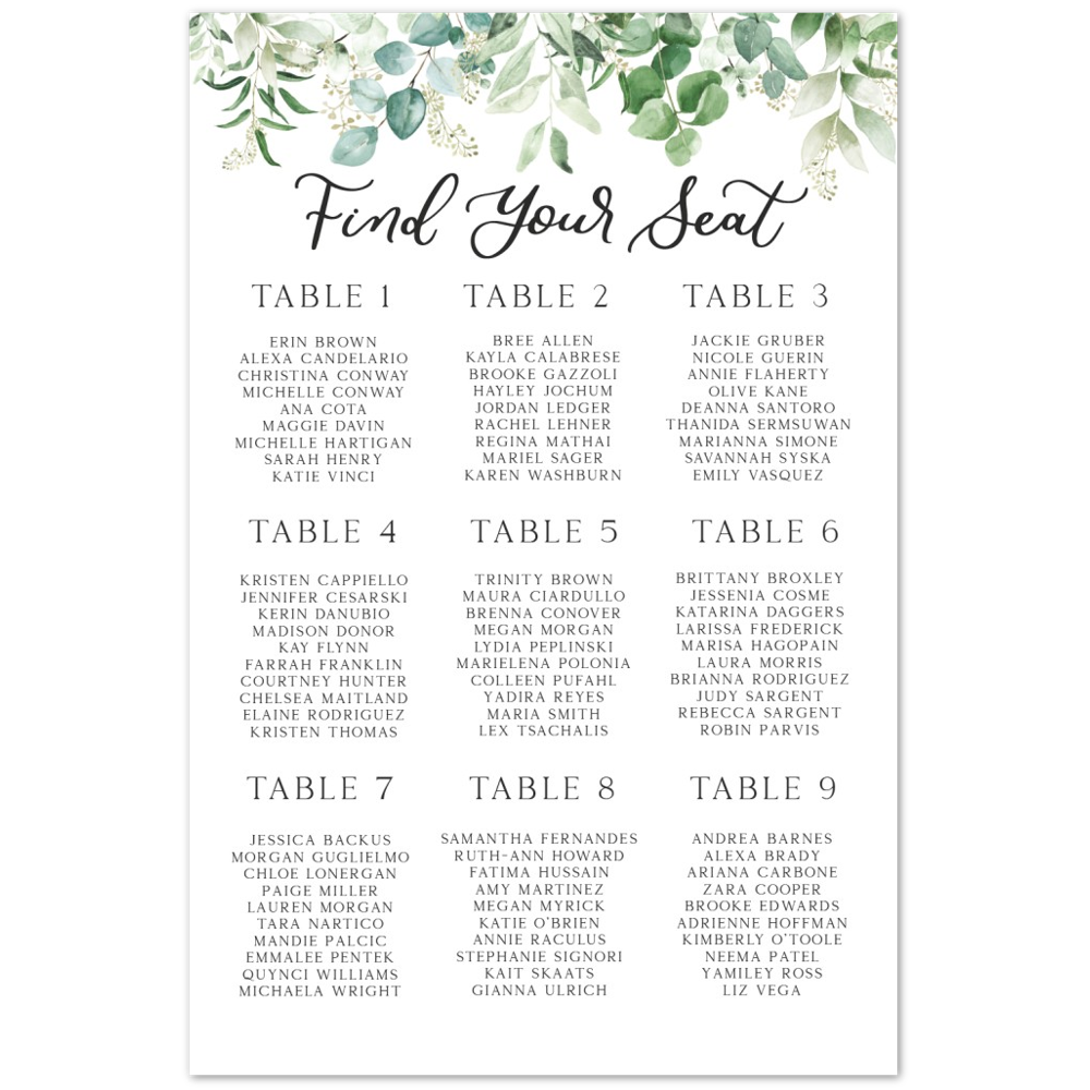 Greenery Seating Chart, Foam Seating Chart, Modern Bridal Shower with greenery