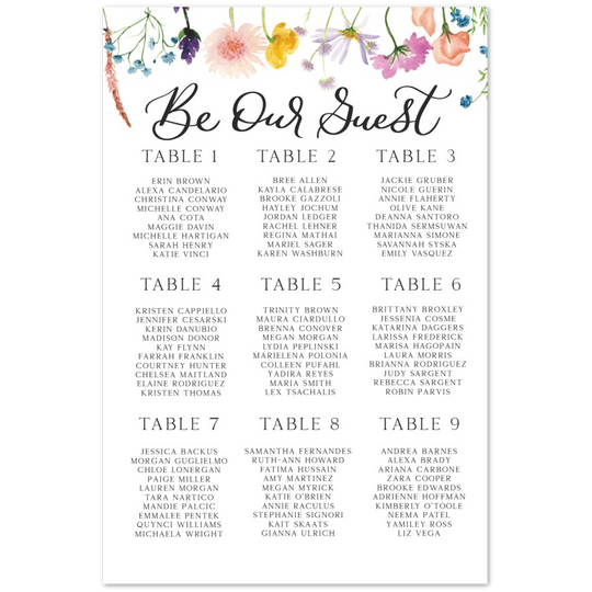 Wildflower Seating Chart, Bridal Shower Foam Wildflower Seating Chart