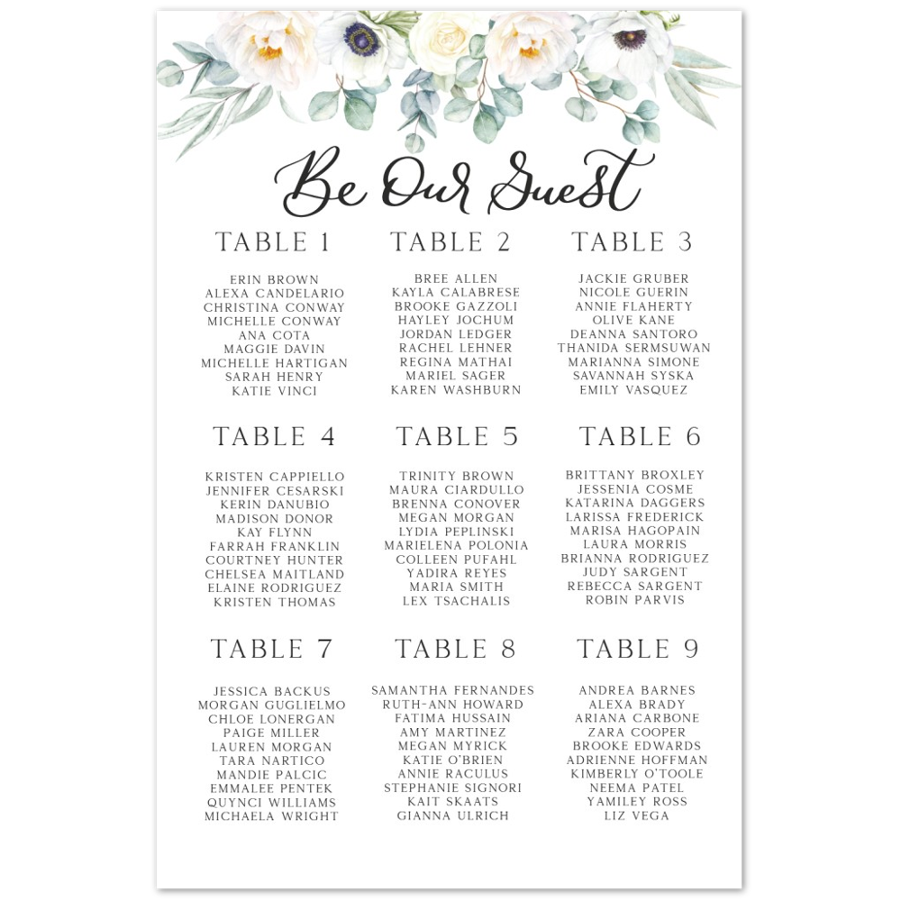 White Floral Seating Chart, Foam Printed Seating Chart, Floral Seating Chart, Floral Seating Arrangements