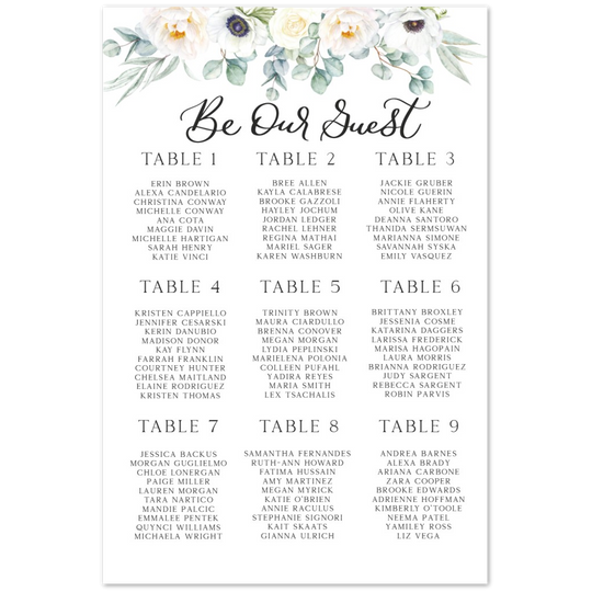 White Floral Seating Chart, Foam Printed Seating Chart, Floral Seating Chart, Floral Seating Arrangements