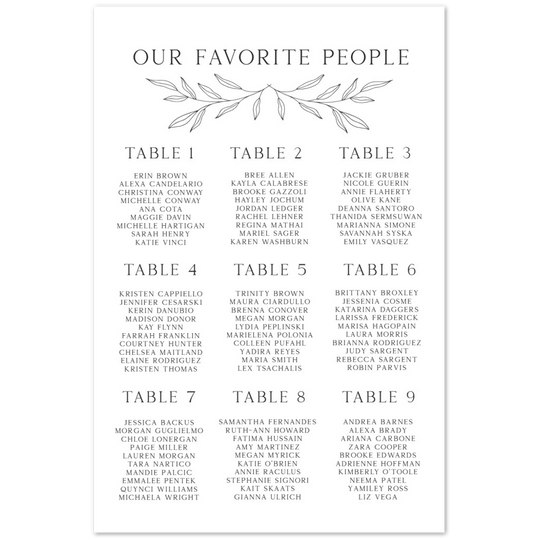 Modern Wedding Foam Seating Chart, Greenery Seating Arrangements, Olive Branch Wedding Seating, Black and White Wedding Seating Chart