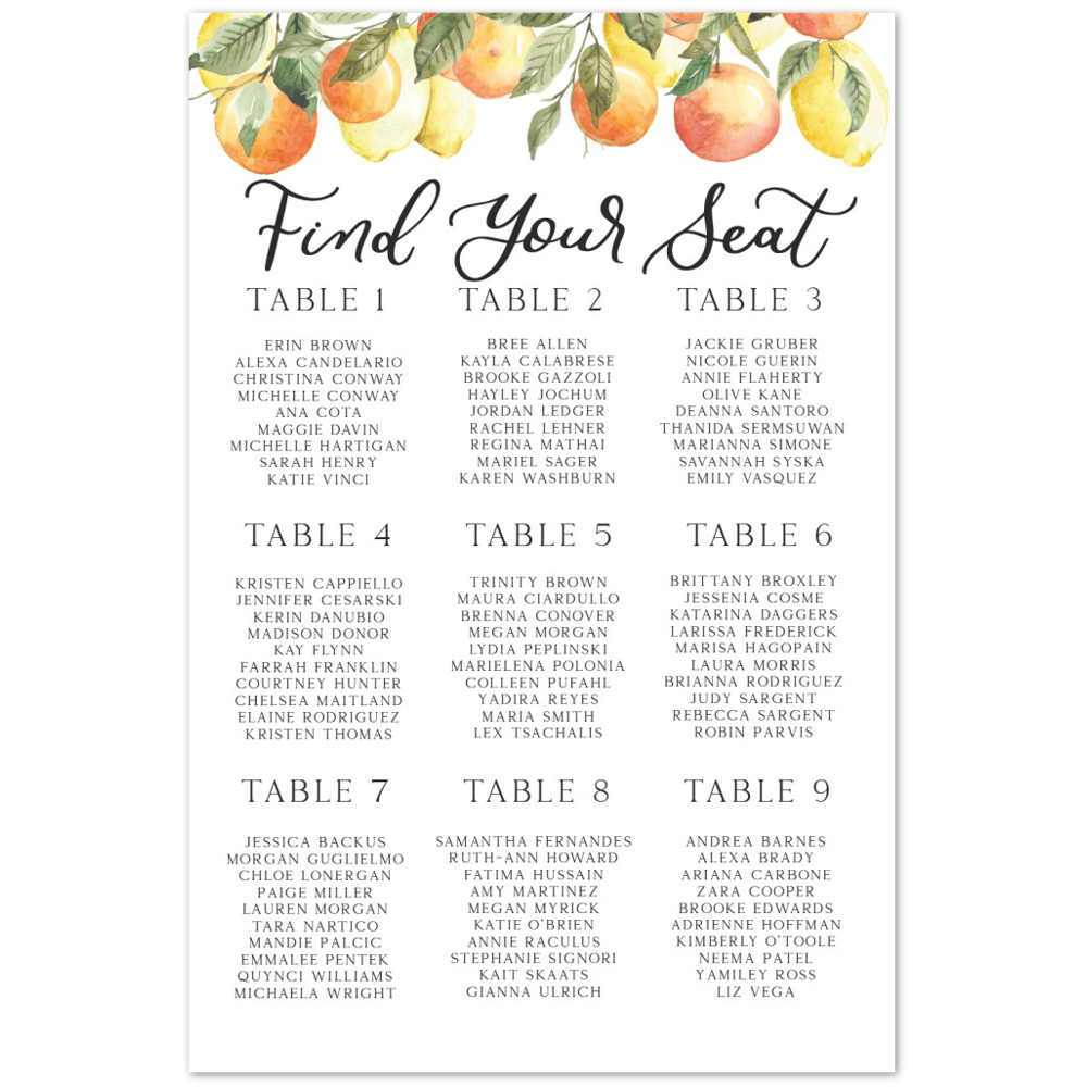 Citrus Bridal Shower Foam Seating Chart, She Found Her Main Squeeze Bridal Shower