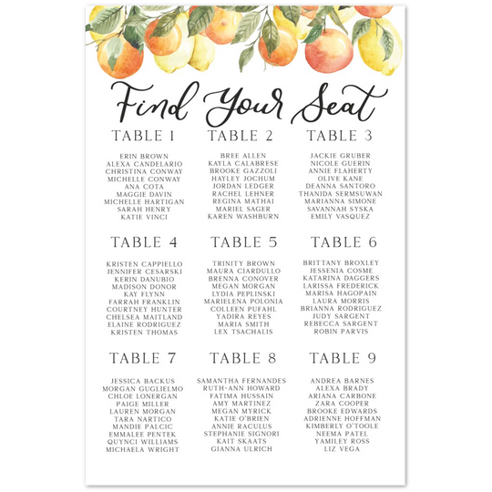 Citrus Bridal Shower Foam Seating Chart, She Found Her Main Squeeze Bridal Shower