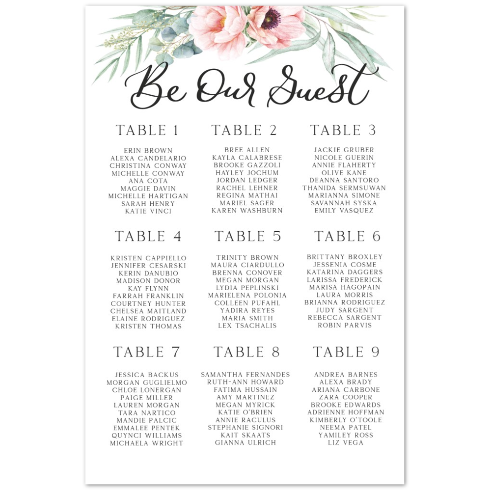 Pink Floral Seating Chart, Foam Printed Seating Chart, Pink Florals Wedding/Bridal Shower Seating Chart
