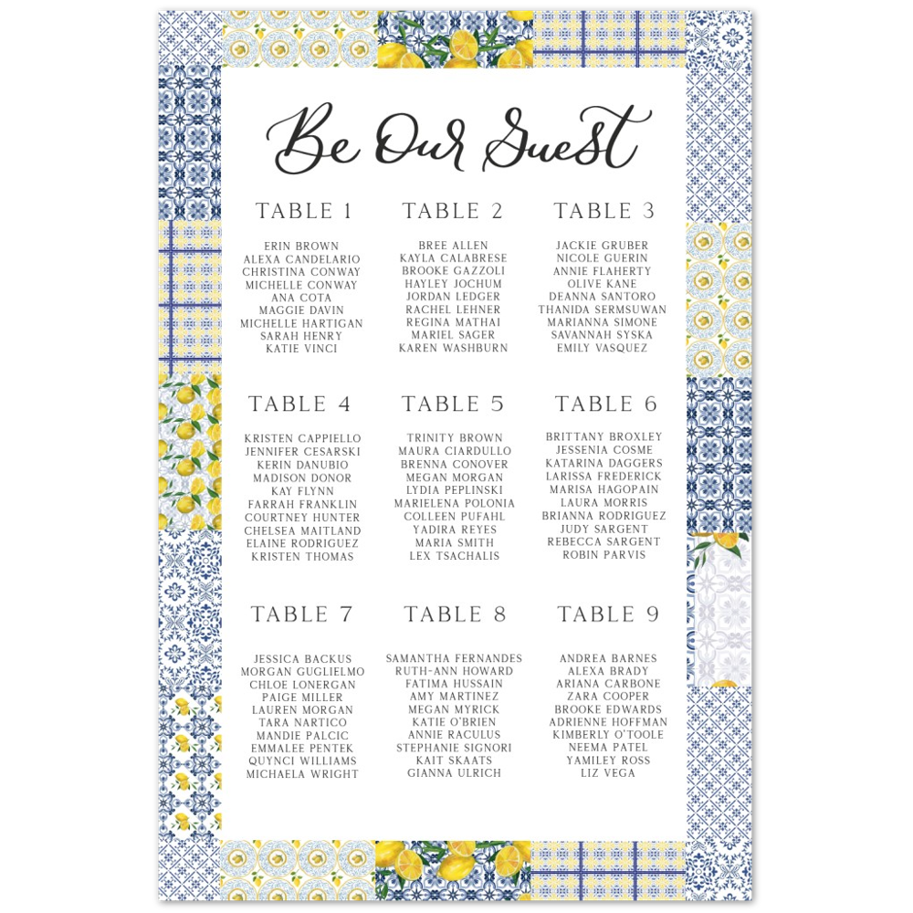 Lemon Italian Mediterranean Foam Bridal Shower Seating Chart, Lemon Bridal Shower