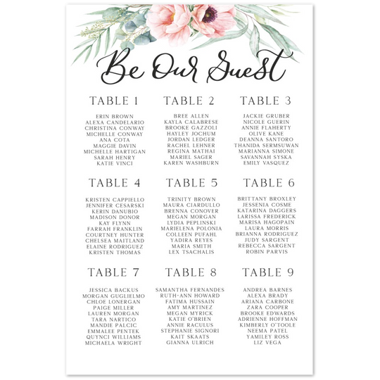 Pink Floral Seating Chart, Foam Printed Seating Chart, Pink Florals Wedding/Bridal Shower Seating Chart