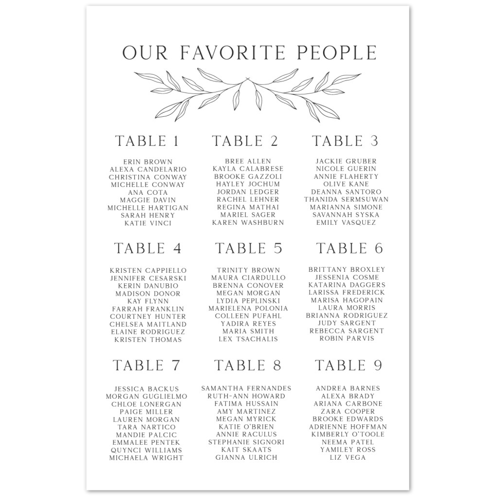 Modern Wedding Foam Seating Chart, Greenery Seating Arrangements, Olive Branch Wedding Seating, Black and White Wedding Seating Chart