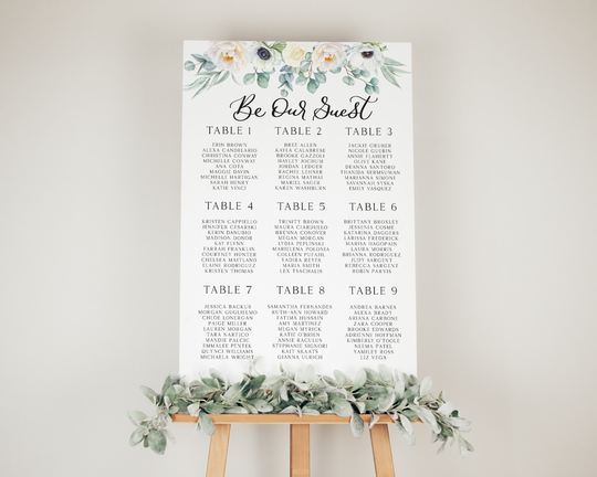 White Floral Seating Chart, Foam Printed Seating Chart, Floral Seating Chart, Floral Seating Arrangements